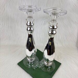 2 Fifth Avenue LTD Crystal Glass Pedestal Candle Stick Holder Silver 17 x 4 x 5